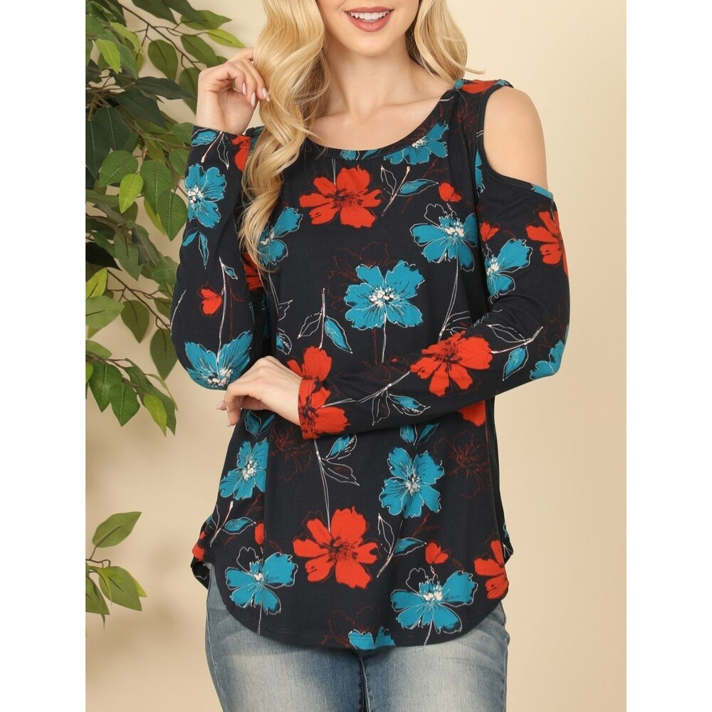 Viamor Women’s Cold Shoulder Floral Top Long Sleeve Black Rust Teal Size M